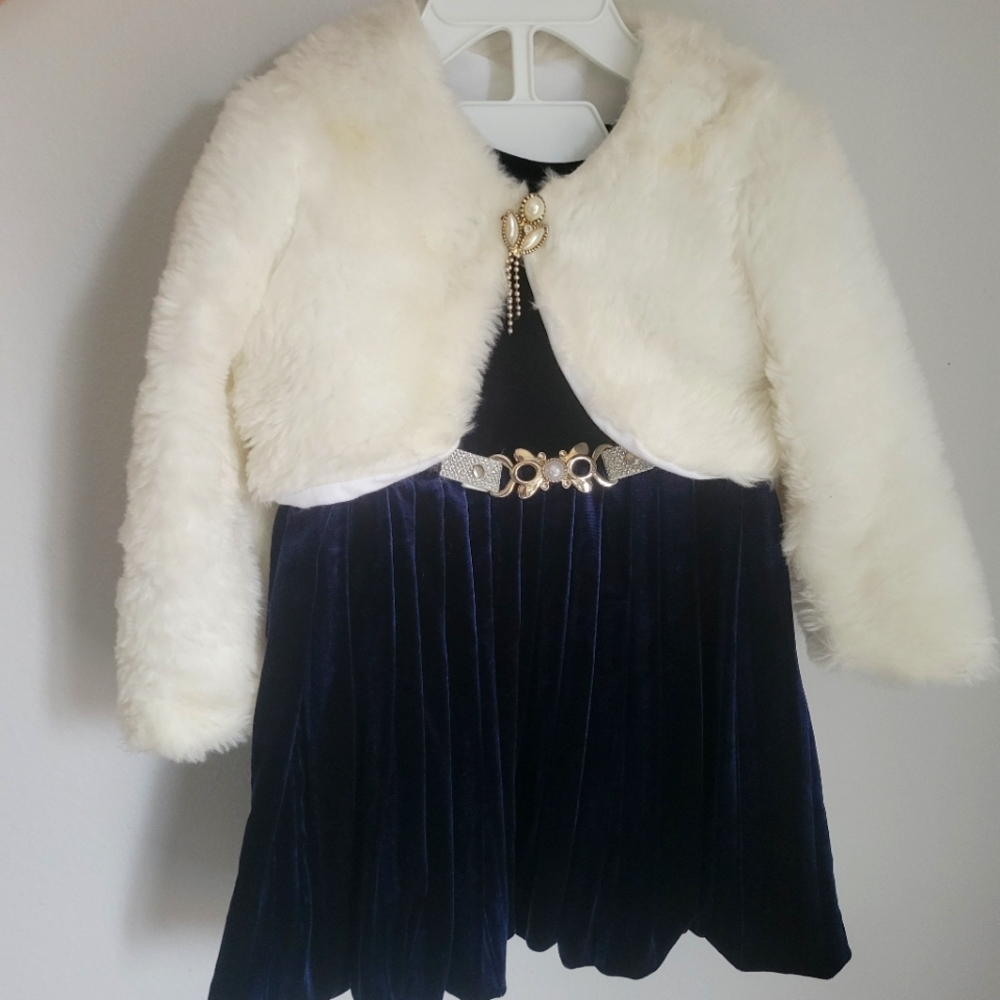 Velvet blue dress with faux fur jacket girls 3t